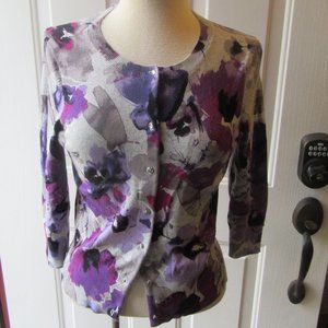 Vintage Express Watercolor Floral Print Cardigan Purple, Gray Sweater Size S